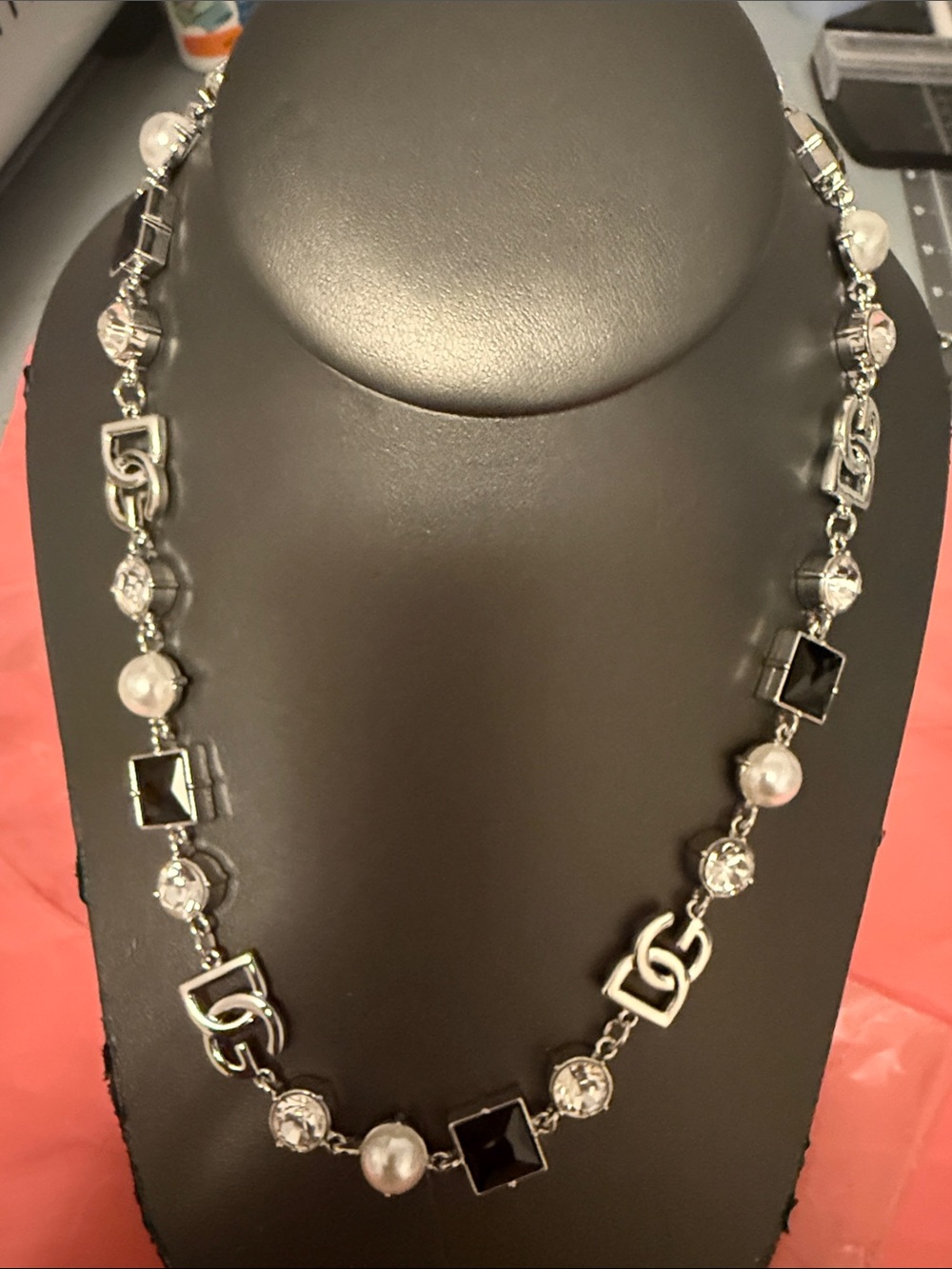 Dolce & Gabbana Silver-Tone Necklace with Black Stones and Pearlescent Beads